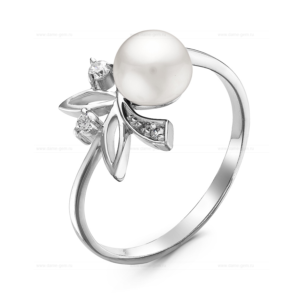 Кольцо из серебра 925 пробы с белой речной жемчужиной 7-7,5 мм. Артикул 10902