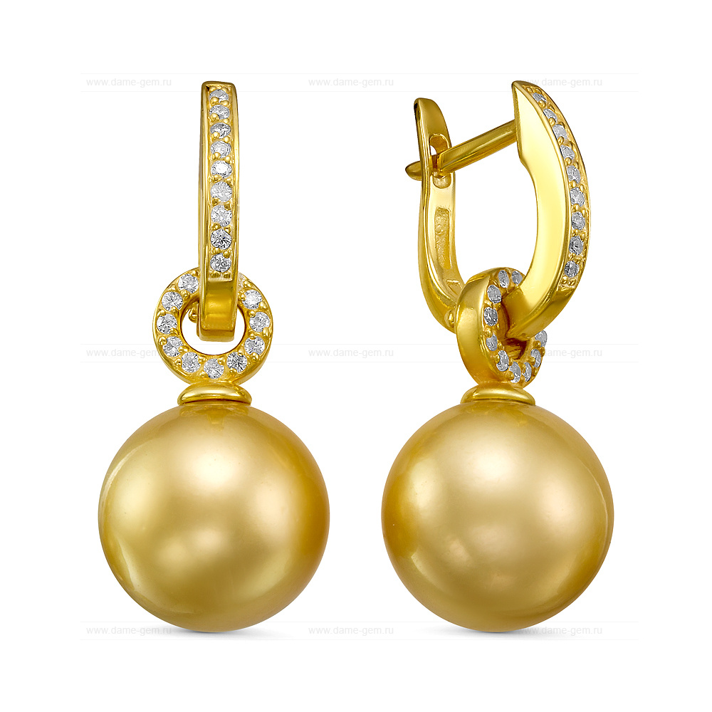Серьги из серебра с золотистыми Австралийскими жемчужинами 11-11,5 мм. Артикул 12301