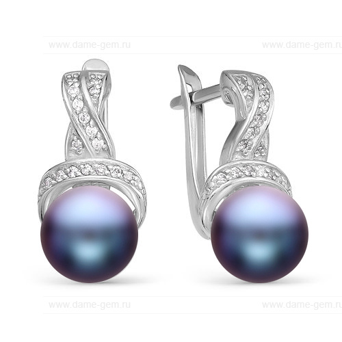Серьги из серебра с черными жемчужинами 8,5-9 мм. Артикул 10998