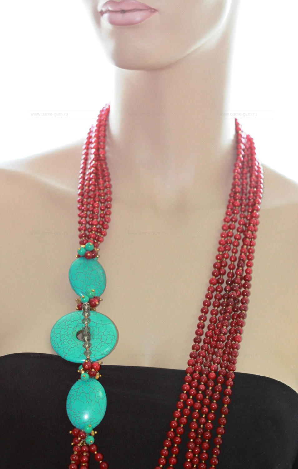 Длинные бусы из яшмы, бирюзы и самоцветов. Артикул 12318