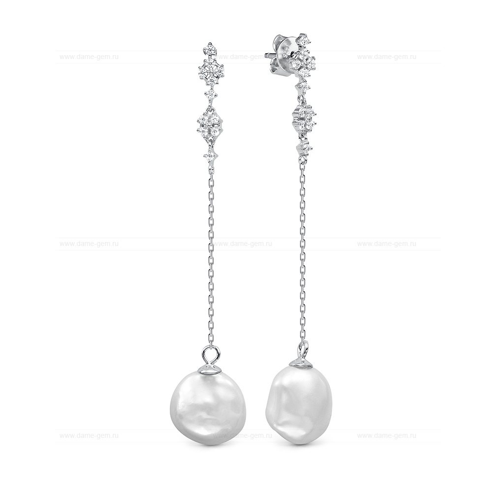 Серьги из серебра с белыми жемчужинами "барокко" 11-13 мм. Артикул 12432