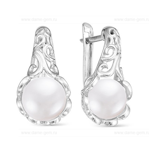 Серьги серебряные с белыми жемчужинами 8-8,5 мм. Артикул 8124
