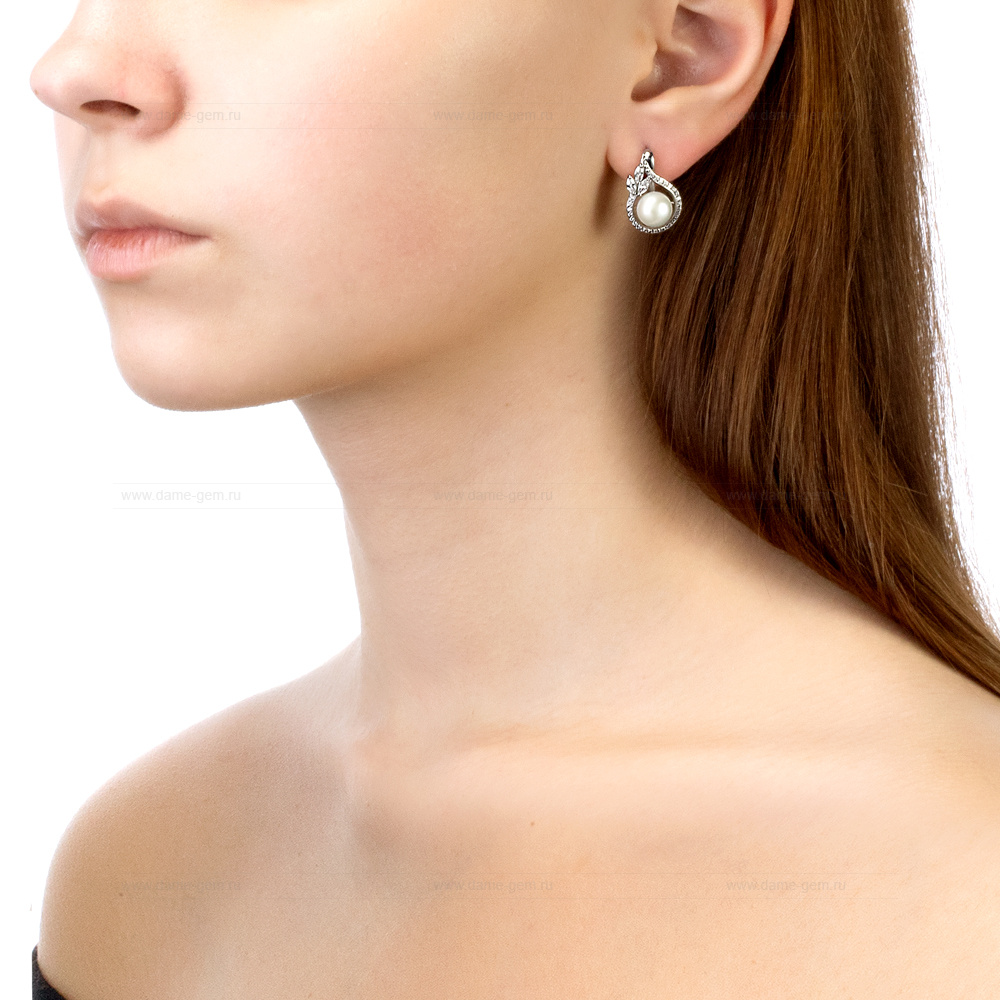 Серьги из серебра с белыми жемчужинами 8-8,5 мм. Артикул 11363