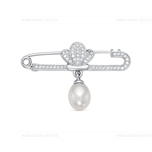 Брошь из серебра с белой речной жемчужиной 9-10 мм. Артикул 12146