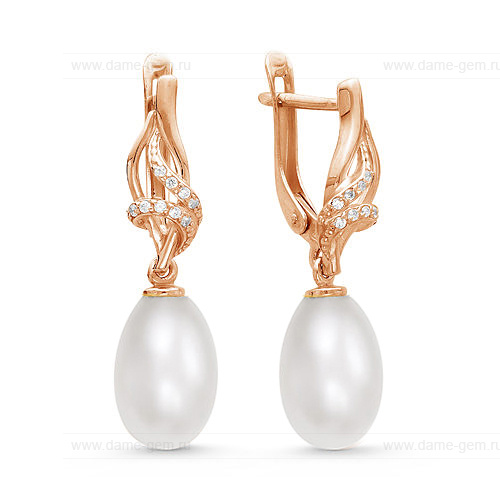 Серьги из красного золота с белыми жемчужинами 9-10 мм. Артикул 12104