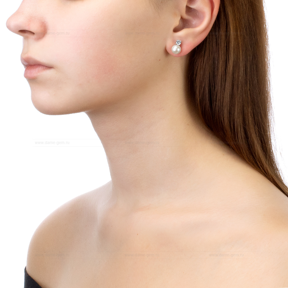 Серьги из серебра с белыми жемчужинами 7,5-8 мм. Артикул 11823