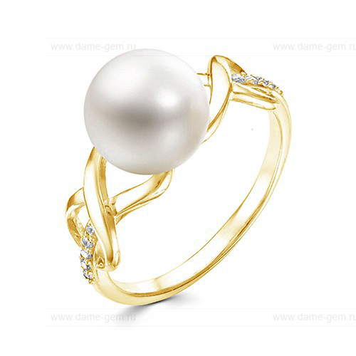 Кольцо из желтого золота 585 пробы с белой жемчужиной 7,5-8 мм. Артикул 12358