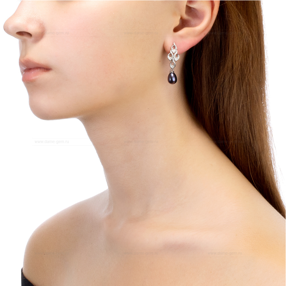 Серьги из серебра с черными жемчужинами "капля" 7,5-8 мм. Артикул 12473