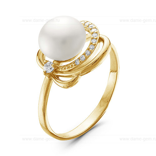 Кольцо из желтого золота 585 пробы с белой жемчужиной 7-7,5 мм. Артикул 10150