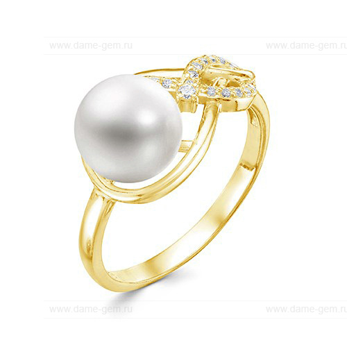 Кольцо из желтого золота 585 пробы с белой жемчужиной 8,5-9 мм. Артикул 12357