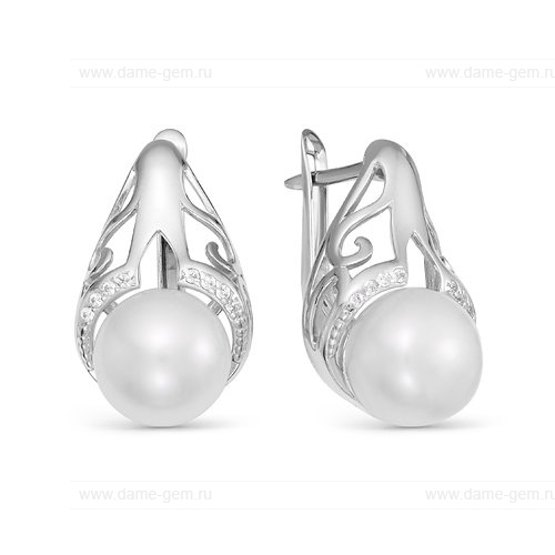 Серьги из серебра с белыми жемчужинами 9,5-10 мм. Артикул 10200