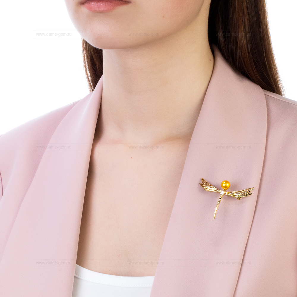 Брошь из серебра с золотистой морской жемчужиной Акойя 7,5-8 мм. Артикул 12549