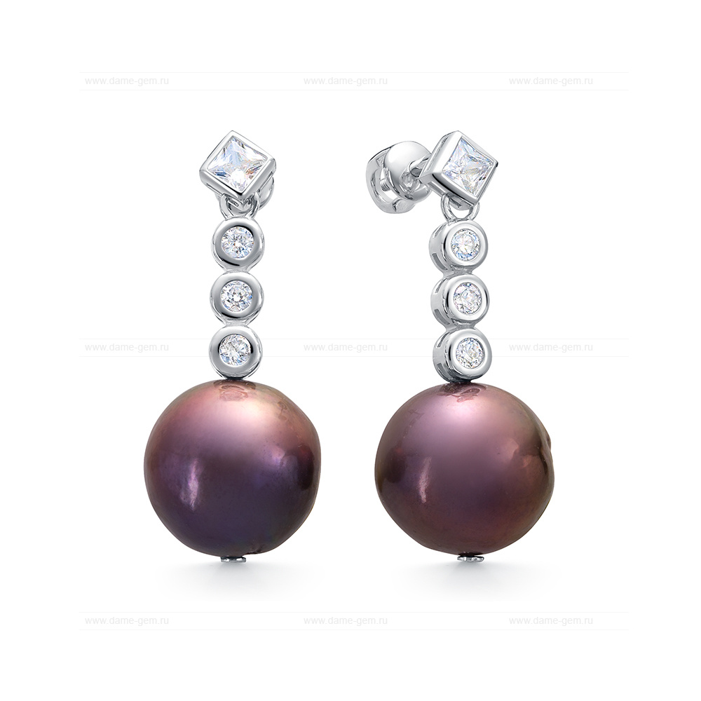 Серьги из серебра с черными жемчужинами 13,5-14 мм. Артикул  10765