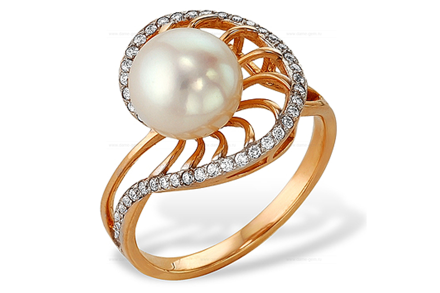 Кольцо из красного золота 585 пробы с белой жемчужиной 7-7,5 мм. Артикул 9338