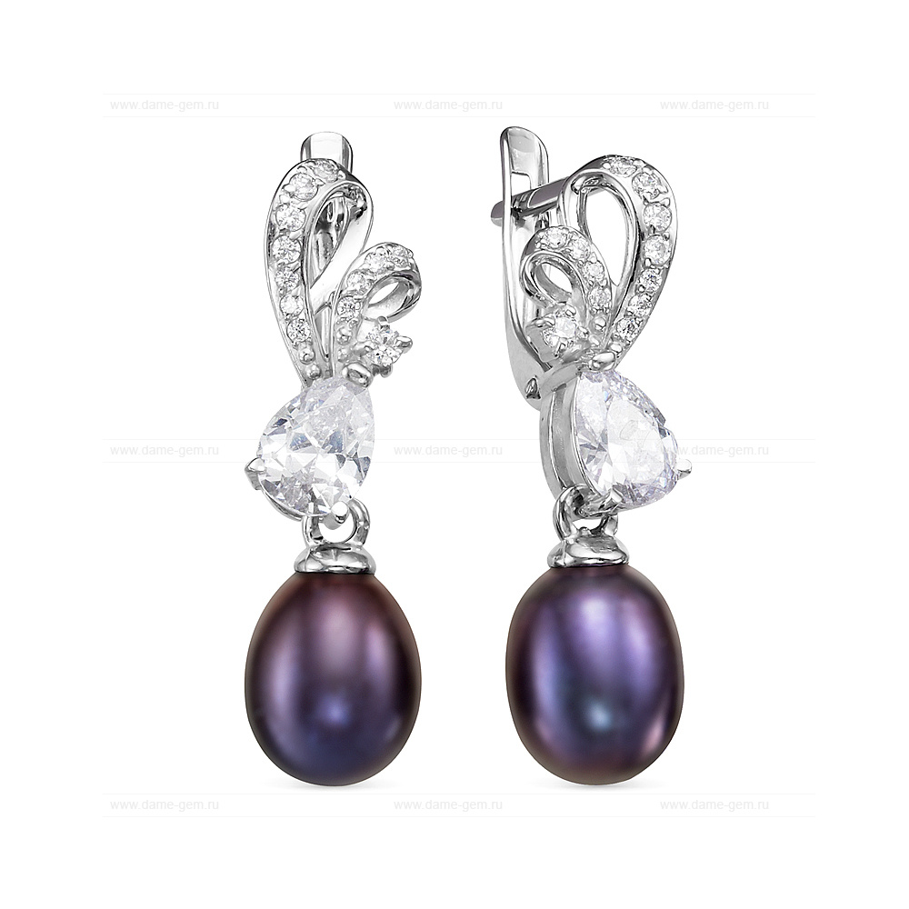 Серьги из серебра с черными жемчужинами "капля" 7,5-8 мм. Артикул 12470