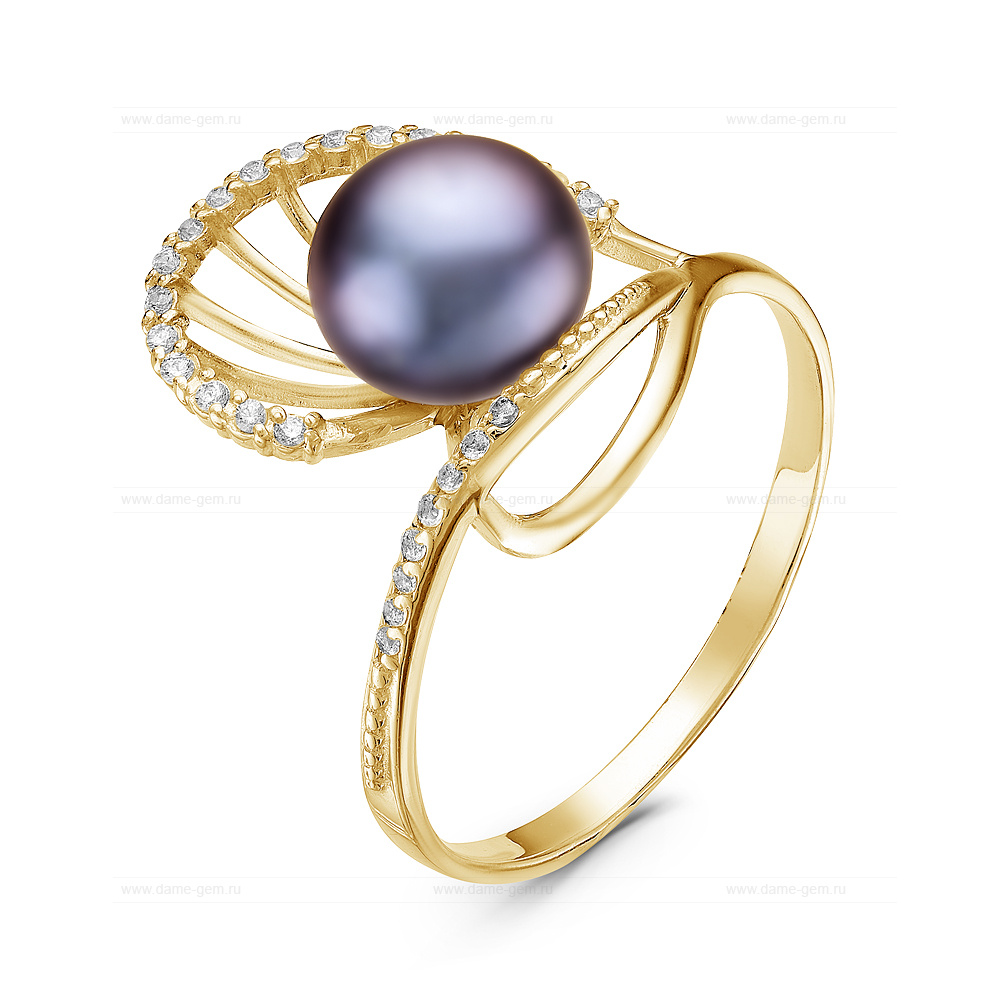 Кольцо из серебра 925 пробы с черной жемчужиной 7,5-8 мм. Артикул 10364
