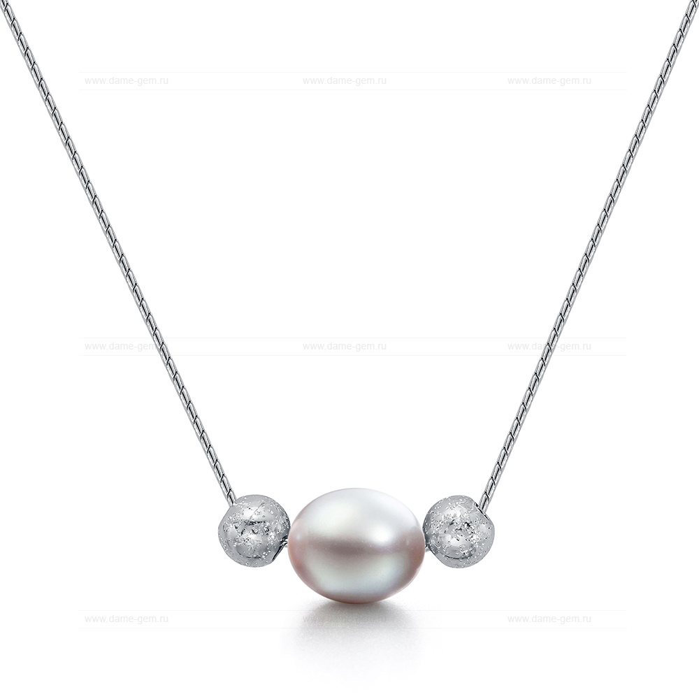 Цепочка из серебра 925 пробы с серебристой речной жемчужиной 8,5-9 мм. Артикул 11180