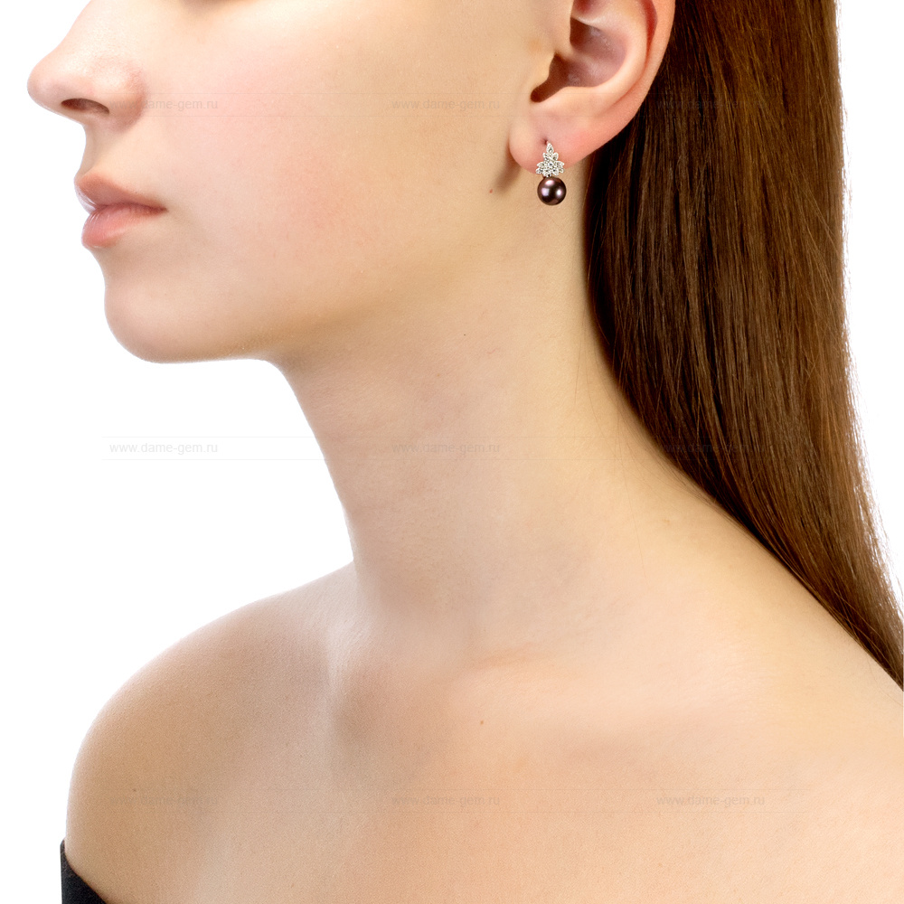 Серьги из серебра с черными жемчужинами 7,5-8 мм. Артикул 11520