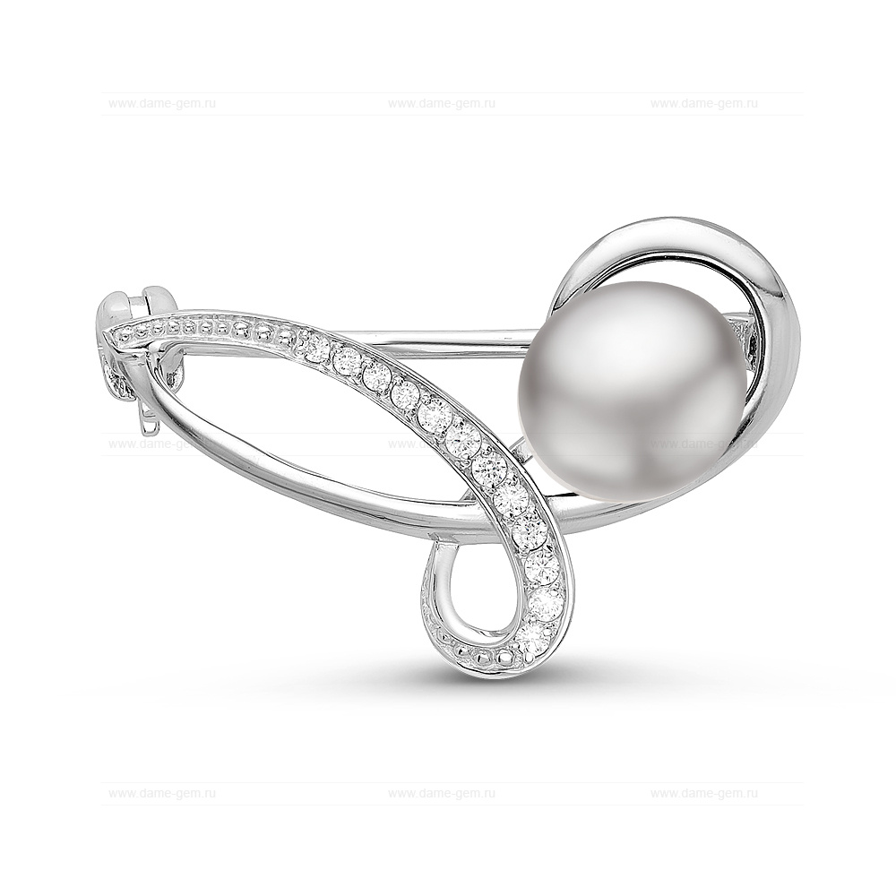 Брошь из серебра с серой речной жемчужиной 9-9,5 мм. Артикул 11064