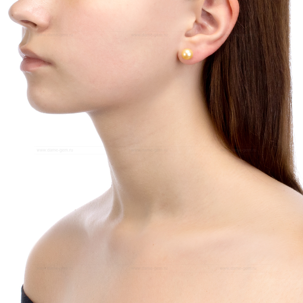 Пусеты из серебра с золотистыми жемчужинами 8,5-9 мм. Артикул 10348