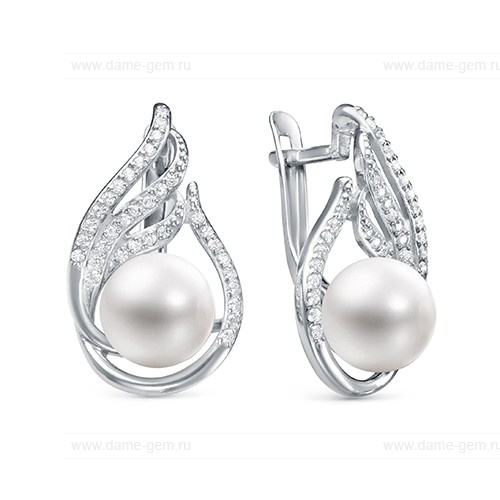 Серьги из серебра с белыми жемчужинами 8,5-9 мм. Артикул 12615