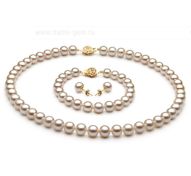 Комплект из белого круглого речного жемчуга 9,5-10,5 мм. Артикул 8565