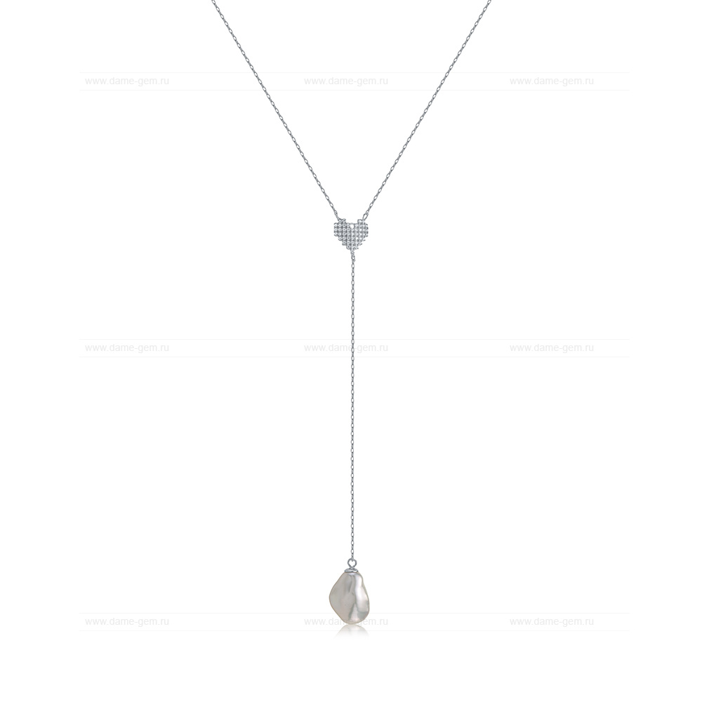 Колье из серебра 925 пробы с белой барочной жемчужиной 11-16 мм. Артикул 12876