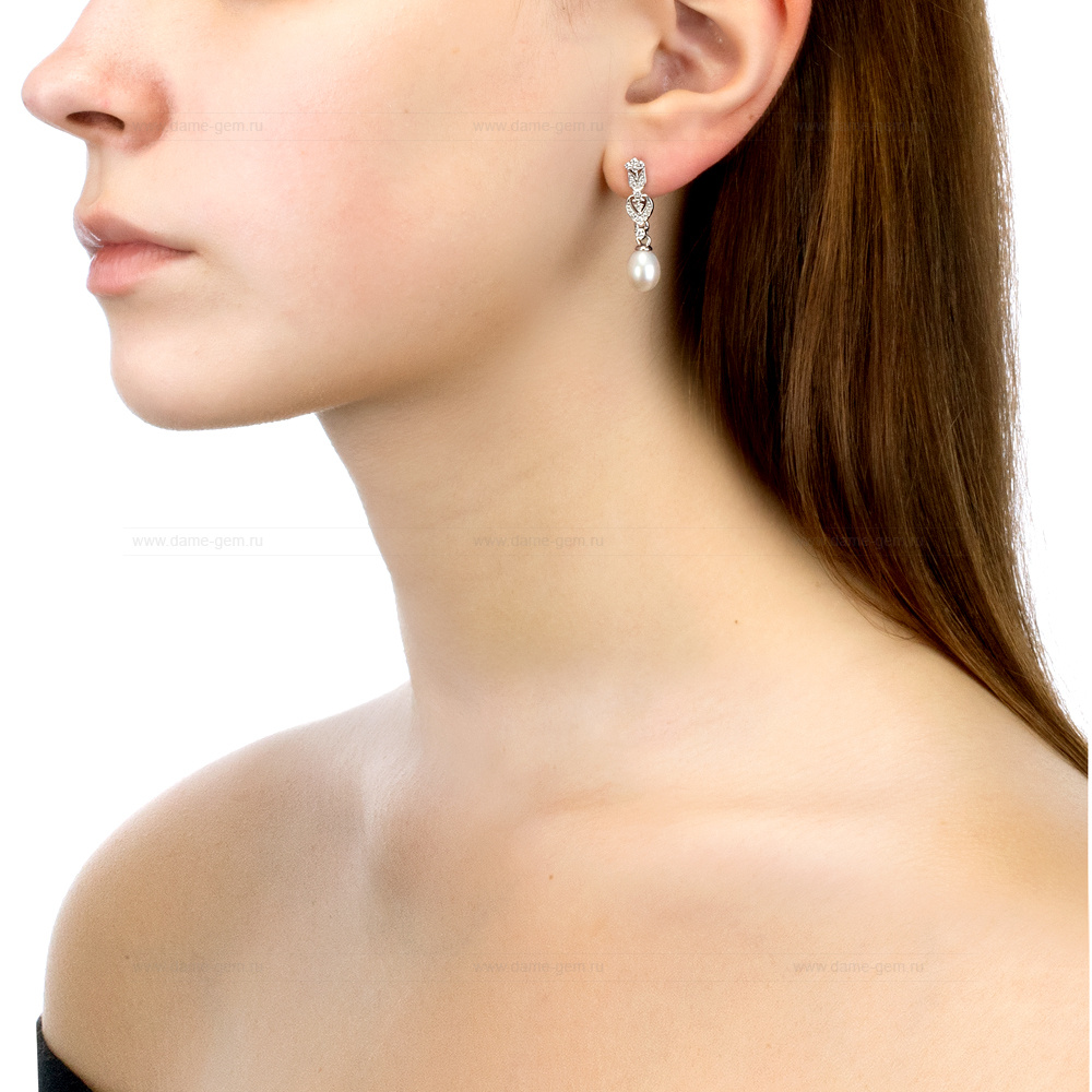Серьги из серебра с белыми жемчужинами "капля" 7,5-8 мм. Артикул 12200