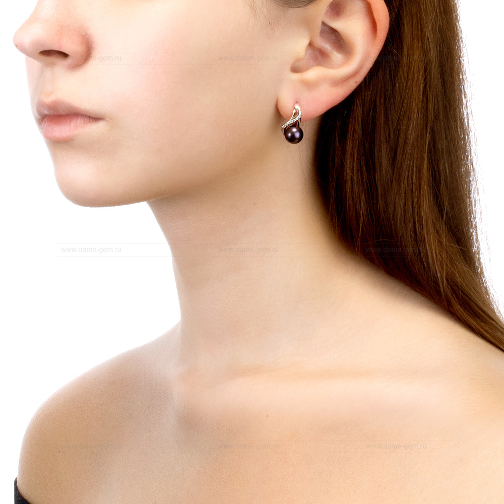 Серьги из серебра с черными жемчужинами 7,5-8 мм. Артикул 11519