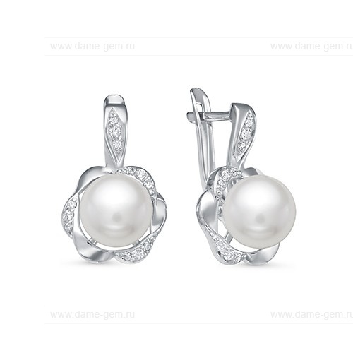 Серьги из серебра с белыми жемчужинами 8-8,5 мм. Артикул 12397