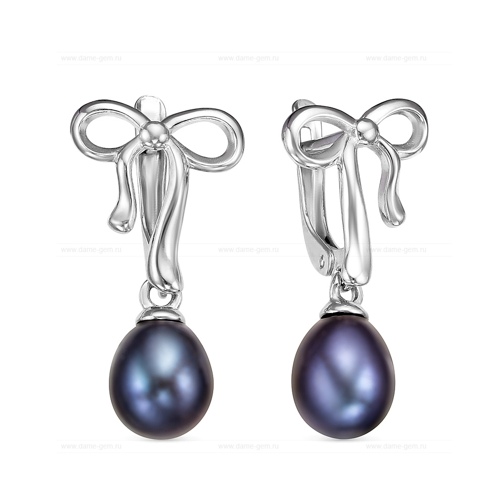 Серьги из серебра с черными жемчужинами "капля" 7,5-8 мм. Артикул 12465