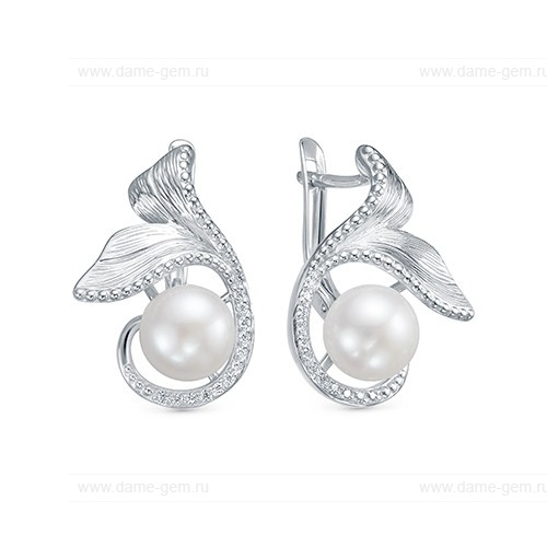 Серьги из серебра с белыми жемчужинами 9,5-10 мм. Артикул 12618