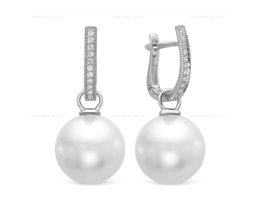 Серьги из золота 585 пробы с белыми Австралийскими жемчужинами 13,6-13,9 мм. Артикул 10308