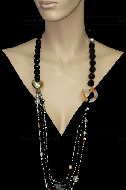 Бусы из черного агата и кристаллов. Артикул 12315