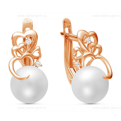 Серьги из красного золота с белыми жемчужинами 7,5-8 мм. Артикул 10099