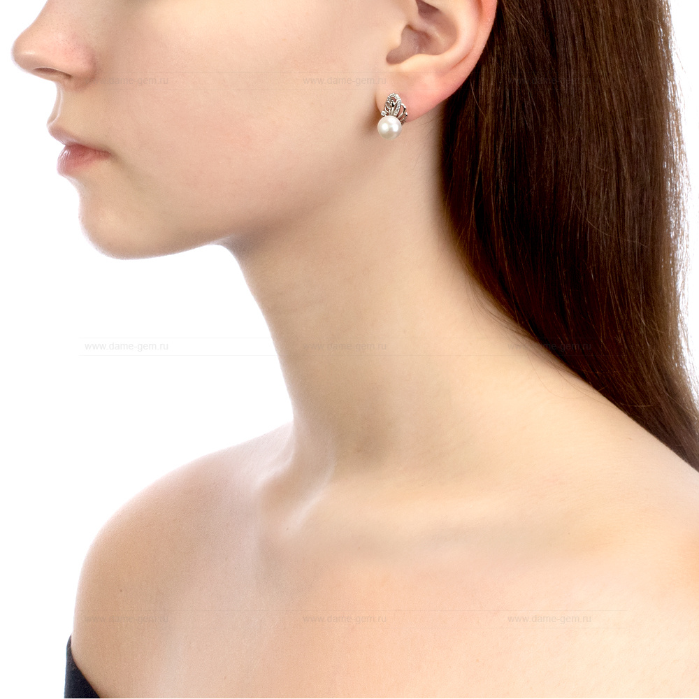 Серьги из серебра с белыми жемчужинами 8-8,5 мм. Артикул 10417