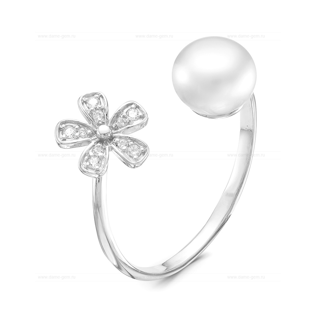 Двойное кольцо "Dior" из серебра 925 пробы с белой жемчужиной 7,5-8 мм. Артикул 9253