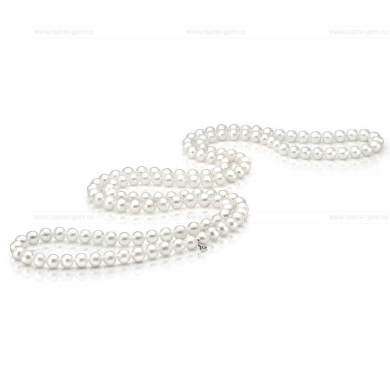 Бусы из белого круглого речного жемчуга 7,5-8,5 мм. Качество жемчуга высокое АА+. Артикул 9677