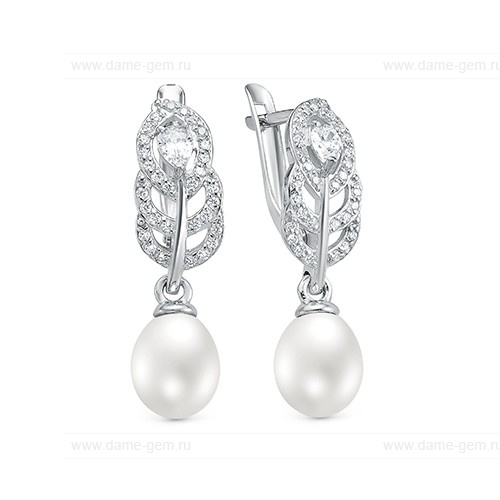 Серьги из серебра с белыми жемчужинами 7,5-8 мм. Артикул 12410