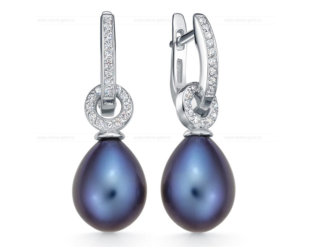 Серьги из серебра с черными жемчужинами 8,5-9 мм. Артикул 11337