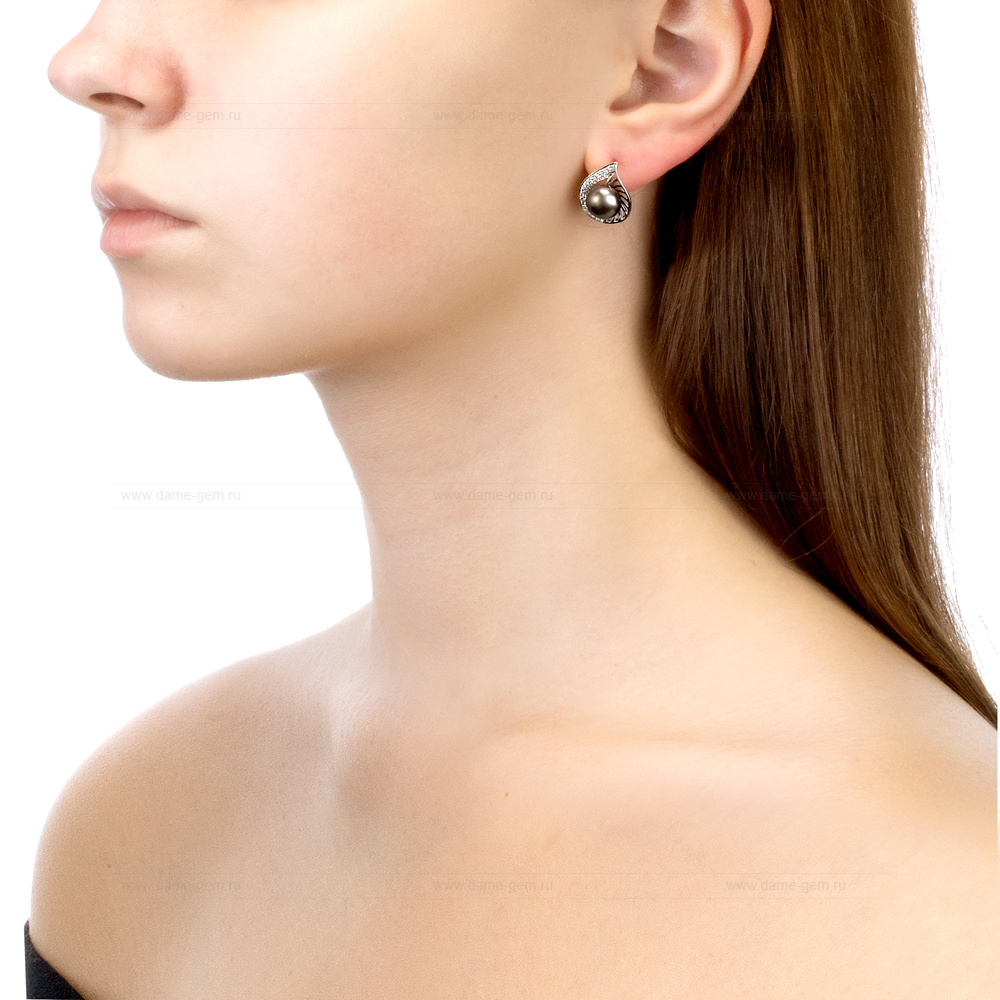 Серьги из серебра с черными жемчужинами 8,5-9 мм. Артикул 11336