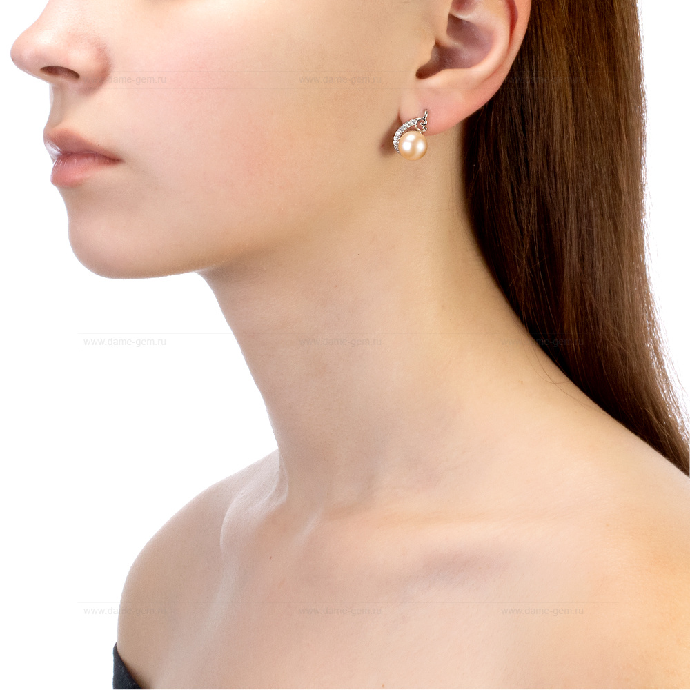 Серьги из серебра с розовыми жемчужинами 9,5-10 мм. Артикул 10388