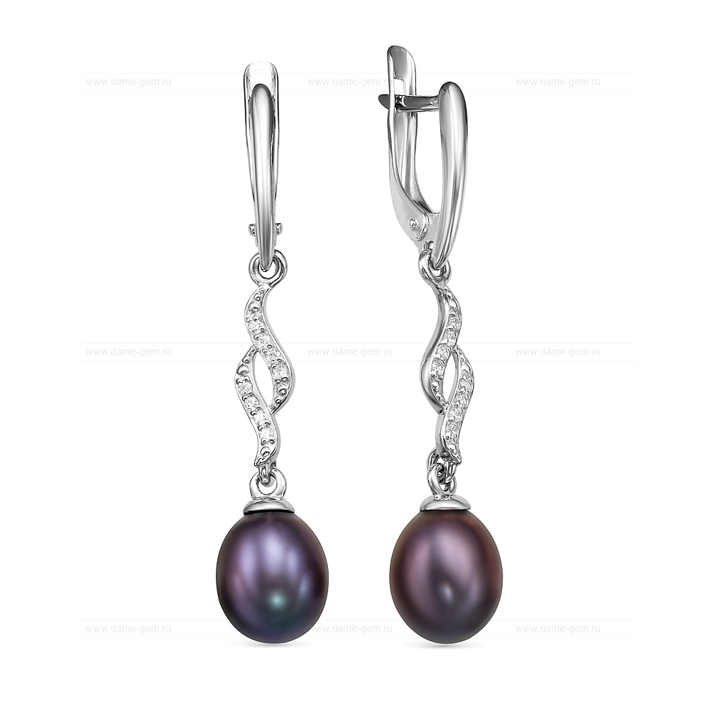 Длинные серьги из серебра с черными жемчужинами "капля" 7,5-8 мм. Артикул 12467