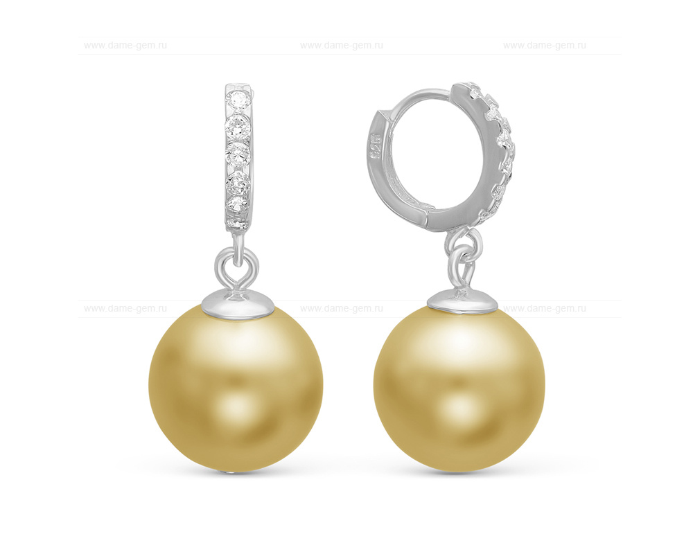 Серьги из серебра с золотыми жемчужинами "Майорика" 14 мм. Артикул 10649