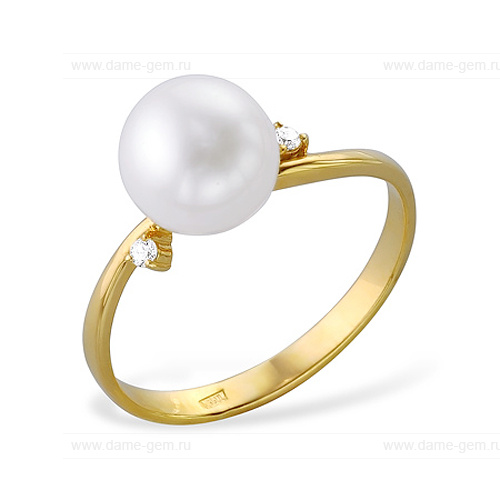 Кольцо из желтого золота 585 пробы с белой жемчужиной 7,5-8 мм. Артикул 12003