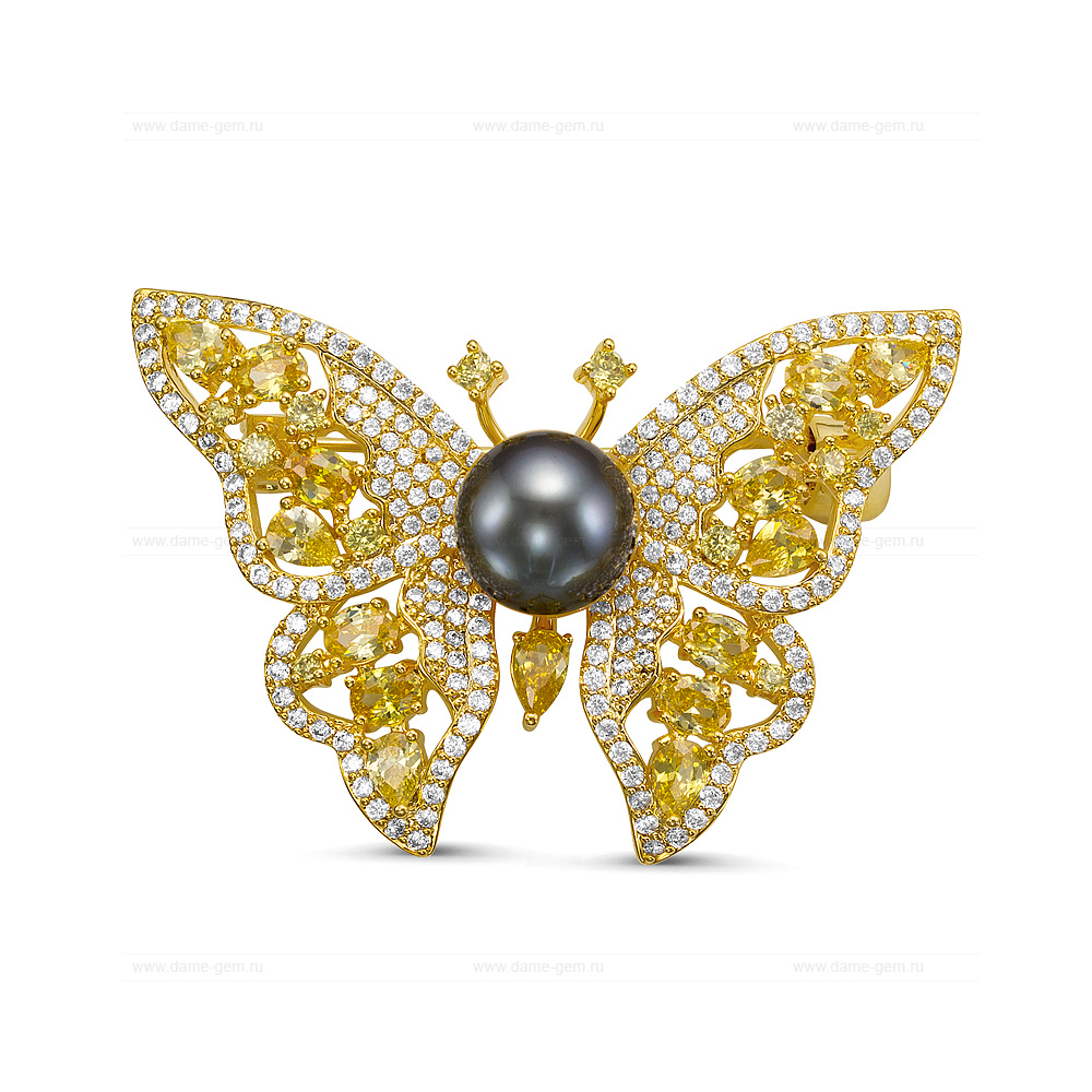 Брошь "Бабочка" из сплава с морской Таитянской жемчужиной 9-10 мм. Артикул 11957