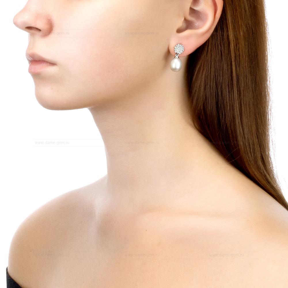 Серьги из серебра с белыми жемчужинами 9-9,5 мм. Артикул 10818