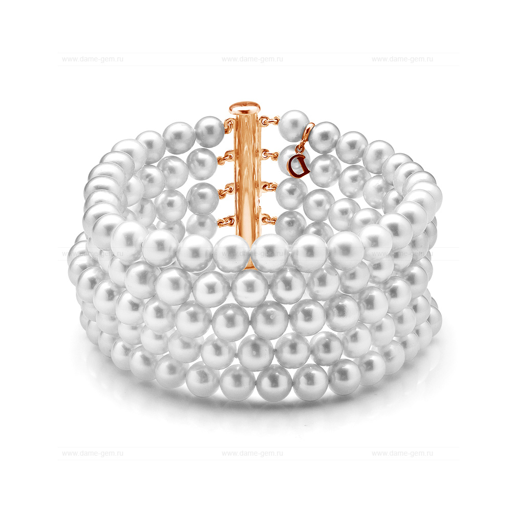 Браслет в 5 рядов из белого круглого речного жемчуга 6-6,5 мм. Качество жемчуга высокое АА+. Артикул 10489