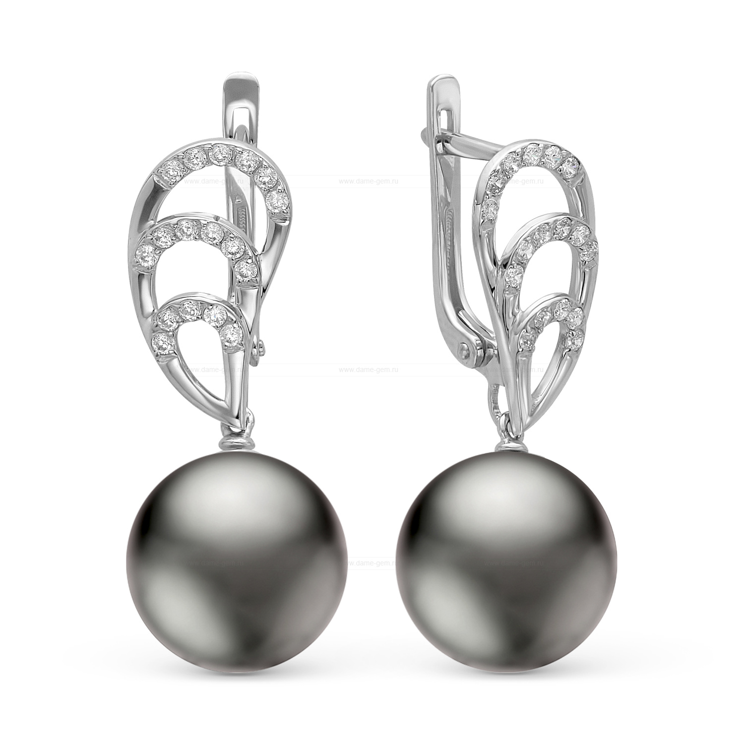 Серьги из золота с черными Таитянскими жемчужинами 12,6-12,9 мм. Артикул 10325