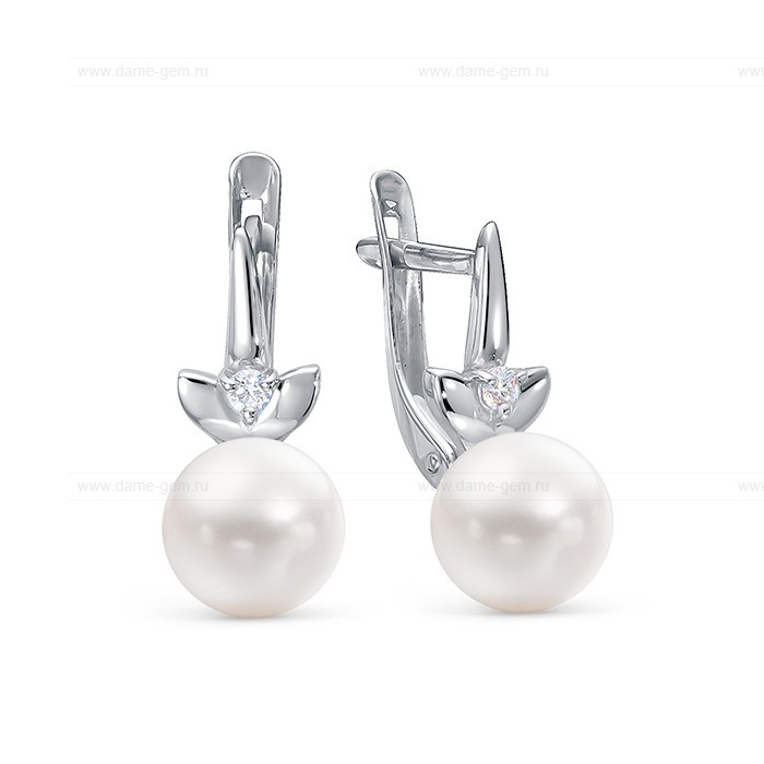 Серьги из серебра с белыми жемчужинами 8,5-9 мм. Артикул 10094